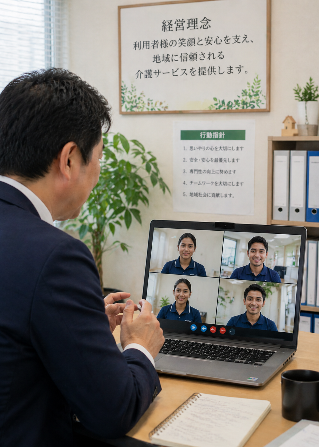 介護事業所の管理者がオンライン会議でスタッフの状況を確認している様子