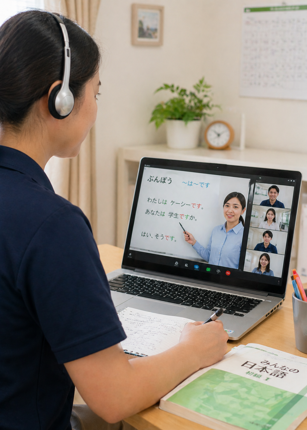外国人介護士がPCでZOOMオンライン授業を受けている様子