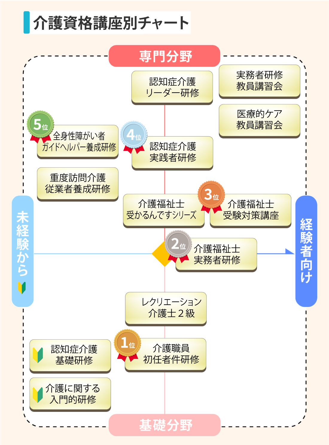 湘南国際アカデミーで取得できる介護資格の講座別チャート表